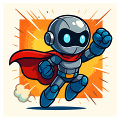 Running Superhero Robot with Red Cape — Power Punch Android Mascot, Speed Lines, Cartoon Vector