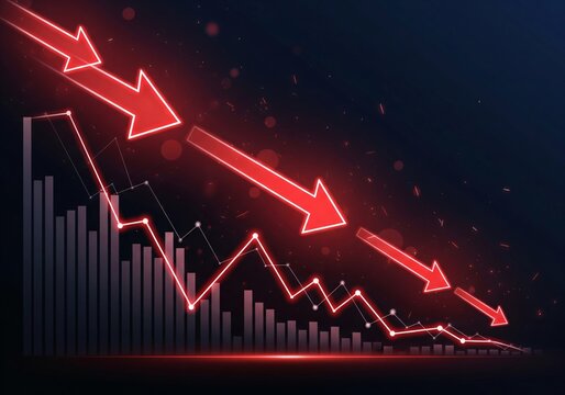 Red glowing financial chart with downward arrows representing economic decline and market recession on a dark background.