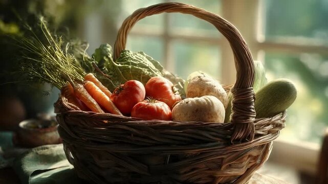 A wicker basket filled with fresh vegetables: carrots, onions, tomatoes, potatoes and cucumbers on a table by a window.