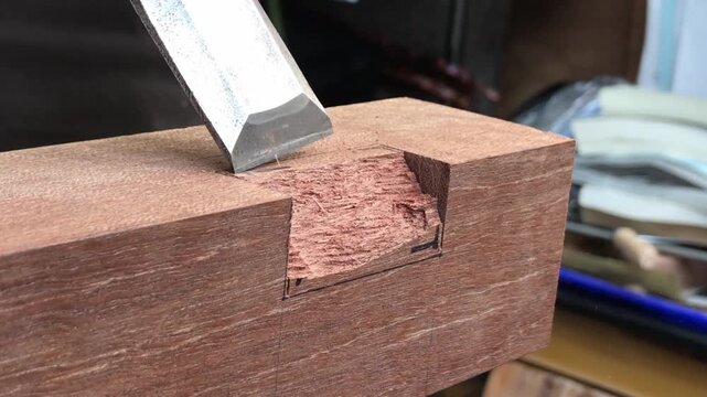 Finishing a wooden joint with a chisel and mallet