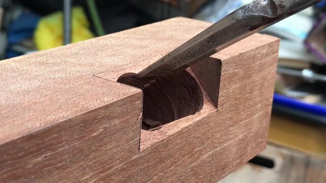 Chiseling a deep rectangular mortise into a wooden beam