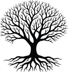 Obraz premium Vector Round tree with roots bare branches silhouette Illustrator