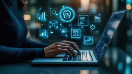 Business Professional Using Laptop with Futuristic Digital Interface in Modern Office Environment