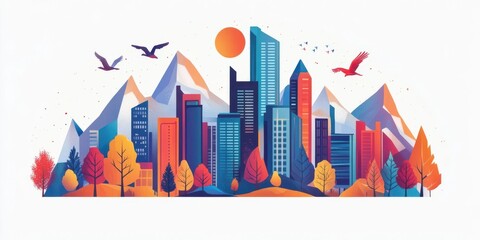 Vibrant Abstract Cityscape with Mountains and Autumn Trees in a Modern Geometric Style