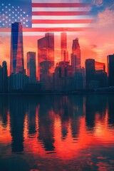 Stunning City Skyline with American Flag Overlay at Sunset Reflecting on Water