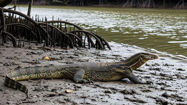 Monitor Lizard on Riverside in Kuala Selangor
A large water monitor lizard basking on a muddy riverbank with mangrove roots and gentle ripples in background, natural wildlife scen
