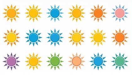 Vibrant sun icons vector set. Collection of colorful weather symbols, summer elements, and bright graphic design illustrations.