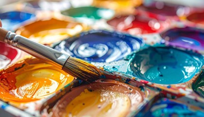 Vibrant watercolor paint palette with a paintbrush, ready for artistic creation and creative expression in art class.