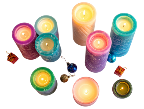 Neon-Themed Holiday Candles in Decorative Arrangement  