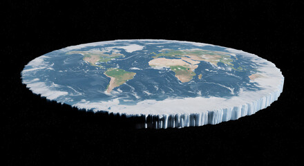 Flat earth concept with continents and ice shelf against black background