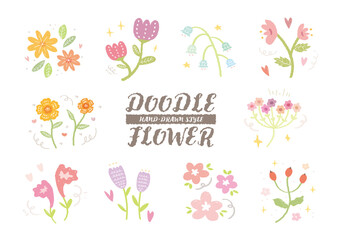 Set of doodle style spring flowers vector. Hand drawn floral wildflower leaf branch. Blossom decor element. Abstract colorful botanical patterns collection. Wedding vintage sticker romantic garden 