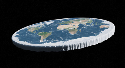 Flat earth concept with continents visible on a disc against a dark background