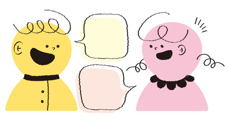 Hand drawn style happy kids talk with speech bubble flat vector. Comic doodle cute students discuss with chat balloon. Crayon drawing colorful people avatar speak talking chatting. Preschool child.