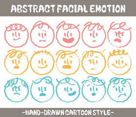 Abstract flat face with variety cute and funny facial expression set. Cartoon doodle style round character emotion. Comic colorful happy, calm, worry, angry, anxiety, smile face with line draw hair