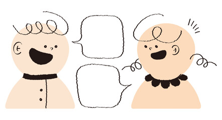 Hand drawn style happy kids talk with speech bubble flat vector. Comic doodle cute students discuss with chat balloon. Crayon drawing colorful people avatar speak talking chatting. Preschool child.