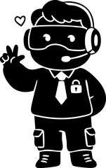 Digital art: a cute, black silhouette of a security guard wearing VR headset, tie, and padlock pin, making a peace sign, happy mood.
