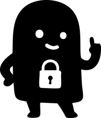 Digital art: A black, rounded cartoon character with a white padlock on its chest points upward, set against a plain white background, cheerful mood.
