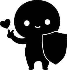 Digital art: A cute, black, cartoonish figure holds a heart and shield, smiling with big eyes, isolated on a white background, conveying safety and love.
