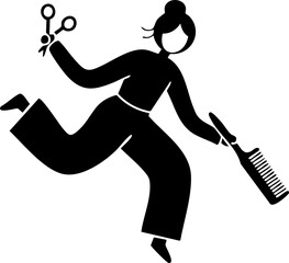 A stylized black silhouette of a running hairdresser holding scissors and a comb, isolated on a white background, conveying a playful, energetic mood.
