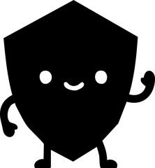 Digital art: A cheerful, black shield character with eyes, a smile, arms, and legs stands waving against a plain white background, creating a friendly mood.
