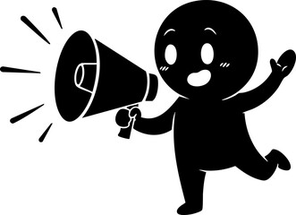 A cheerful black silhouette figure holds a megaphone, announcing with excitement, against a plain white background, digital art, simple, joyful, no shadows.
