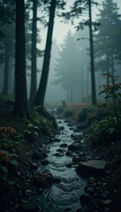 Fototapeta premium Mysterious Forest Stream in Fog Nature Landscape Photography