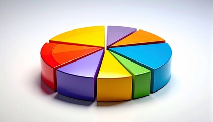 Vibrant 3D pie chart with separated colorful segments on a white background, representing data analysis, market share, and business strategy.