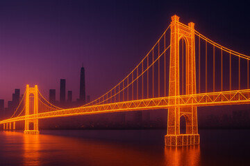 Obraz premium Cinematic night view of tech-inspired suspension bridge with orange glow and skyline reflections in deep purple light