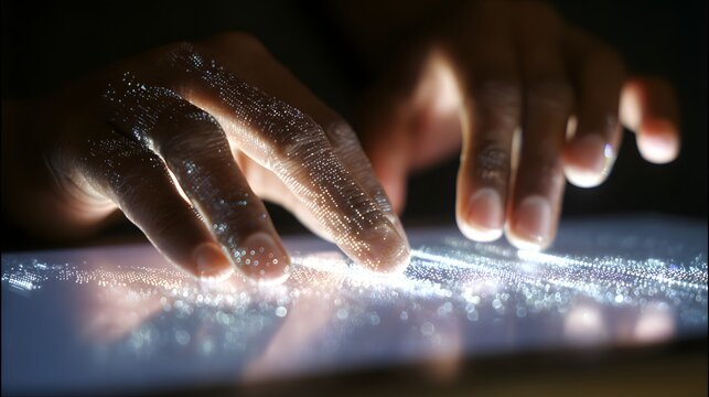 Futuristic tech concept featuring hands interacting with shimmering digital interface, ideal for innovation, technology, and next-gen solutions advertising