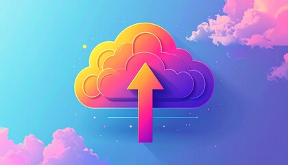 Vibrant cloud upload icon with an arrow, symbolizing data transfer, cloud computing, digital storage, and online services against a colorful sky.