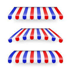 Obraz premium Shop sunshade. Realistic striped cafe awning. Outdoor market tent. Roof canopy in French flag colors. Summer street store. Vector illustration.