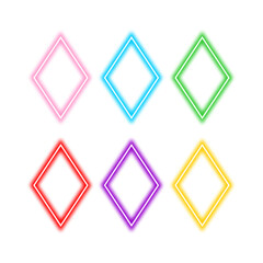 Six neon-colored diamond shapes arranged in two rows, showcasing pink, blue, green, red, purple, and yellow glowing outlines on a white background.