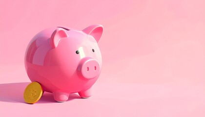Pink Piggy Bank with Gold Coin on Vibrant Pink Background, Representing Savings, Finance, and Investment Concepts
