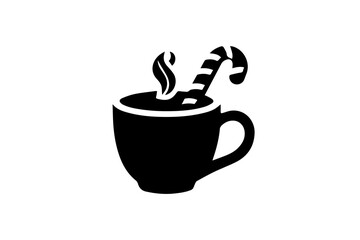 Warm cup with steam and candy cane creates cozy holiday atmosphere
