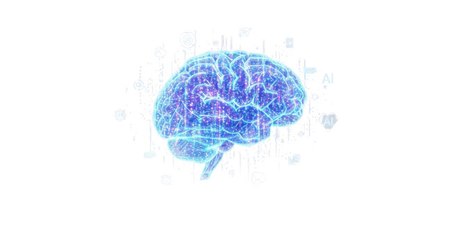 Digital glowing brain for science and technology concepts isolated PNG with Transparent Background