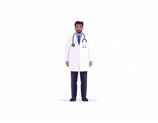 Fototapeta premium Professional male doctor illustration in white coat with stethoscope. Full-body portrait of a healthcare worker standing, medical practitioner.