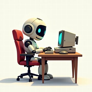 AI robot sits at old computer monitor, typing on keyboard. concept of automation and job substitution.