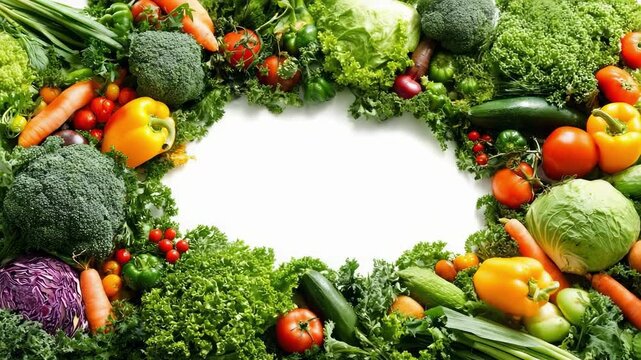 A colorful frame of fresh vegetables including broccoli, carrots, peppers, tomatoes, cabbage and greens around a blank white center.