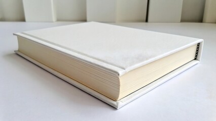 An isolated hardcover book with a front white cover, showcasing its blank spine and cream-colored pages on a white background