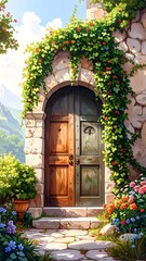 A sunlit stone archway with a wooden door, lush greenery, and flowers.  A peaceful, charming scene