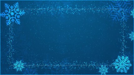 Elegant snowflake frame design on blue background, sparkling particles gently drifting air. winter holiday themes, festive presentations, greeting cards, seasonal invitations, decorative animations. - Powered by Adobe