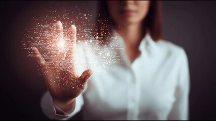 Woman holding a digital interface depicting her role as a change agent in the digital transformation landscape.. Digital Change Agent – Animated Video Version