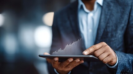 A businessman uses a tablet to analyze a financial growth graph in a modern professional setting