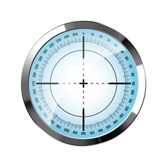 Chrome weapon sight, sniper rifle optical scope. Hunting gun viewfinder with crosshair. Aim, shooting mark symbol. Military target sign, silhouette. Game interface UI element. Vector illustration