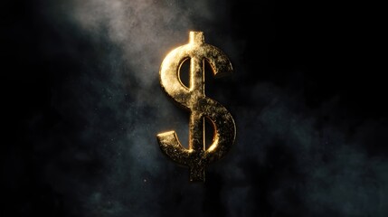 A golden dollar sign symbol emerges from dark smoke illuminated by dramatic light
