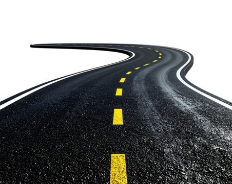 Bending Asphalt Road with Yellow Lines PNG Isolated