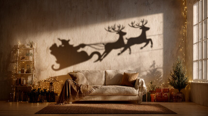 Magical Christmas Eve shadow play shows Santa's sleigh flying across a cozy room with twinkling lights and festive gifts