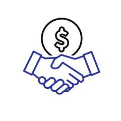 Collaboration icon. Management. Shaking hands and a dollar sign above. manager, success. outline design style.