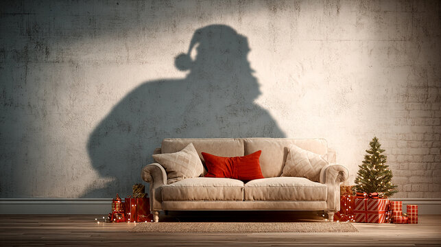 Cozy Christmas scene features a plush sofa, festive tree, and Santa's shadow hinting at holiday magic and gift anticipation.