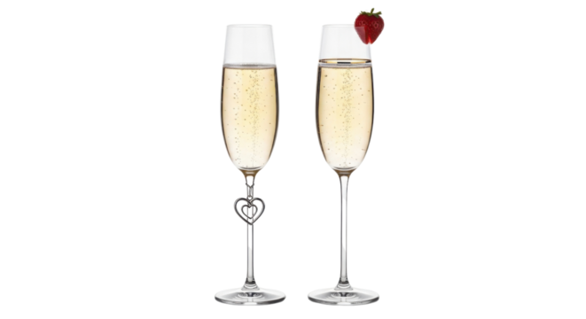Two champagne flutes filled with bubbly wine, one decorated with a heart charm, the other with a strawberry isolated PNG with Transparent Background